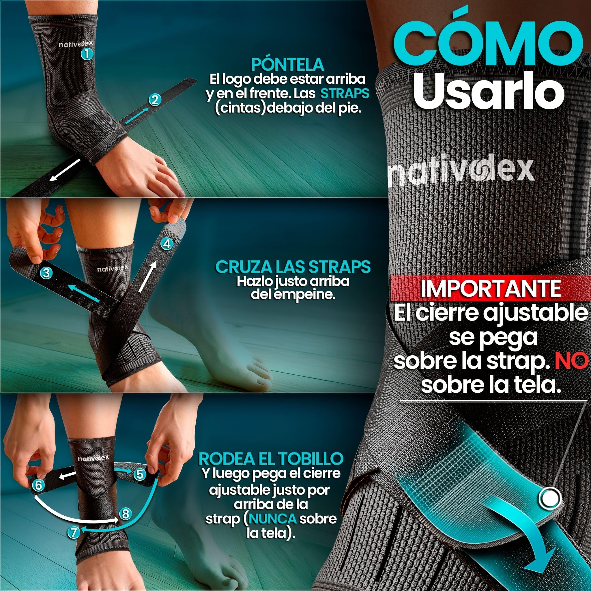 NativoDex Tobillera para Estabilizar y Prevenir Torceduras, Soporte y Compresión para Lesiones en el Tobillo, Deportiva con Ajuste Personalizado, para Ambos Pies