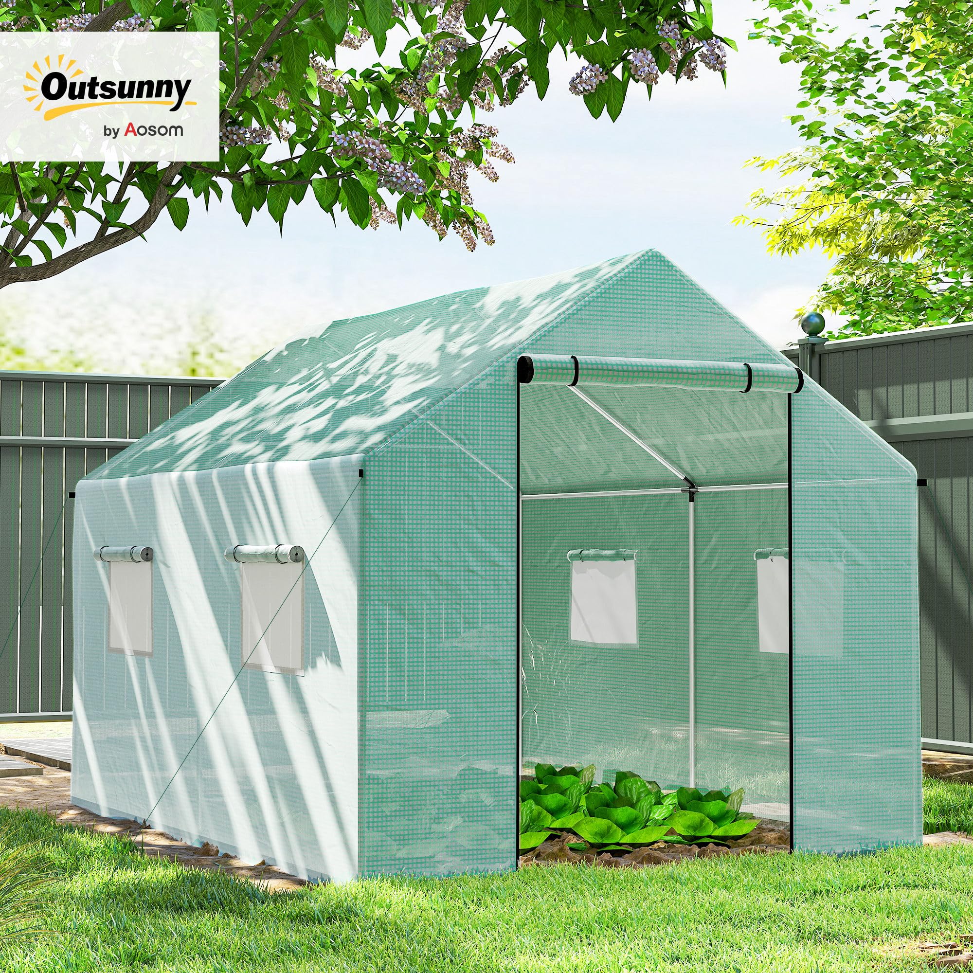 Outsunny Serra da Giardino a Tunnel 2x3x2 m con Porte e Finestre Avvolgibili, Serra per Orto con Tetto a Punta, Struttura in Acciaio e Copertura PE, per Orto Verdure Fiori Frutta, Anti UV, Verde
