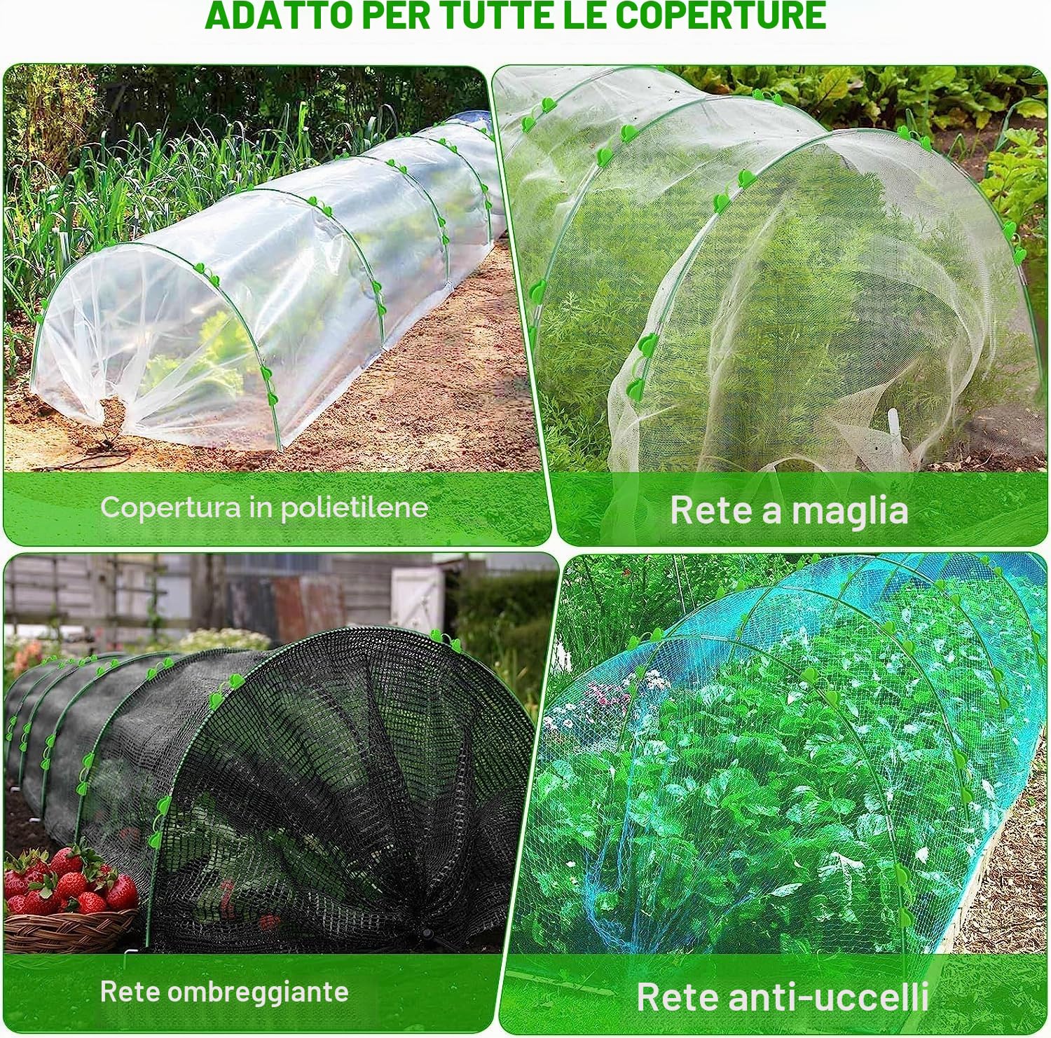 60 cerchi per serra per letti rialzati, 40 clip, pali da giardino da 2,4 m, tunnel per copertura di file, regolabili in fibra di vetro antiruggine, telaio fai da te per esterni