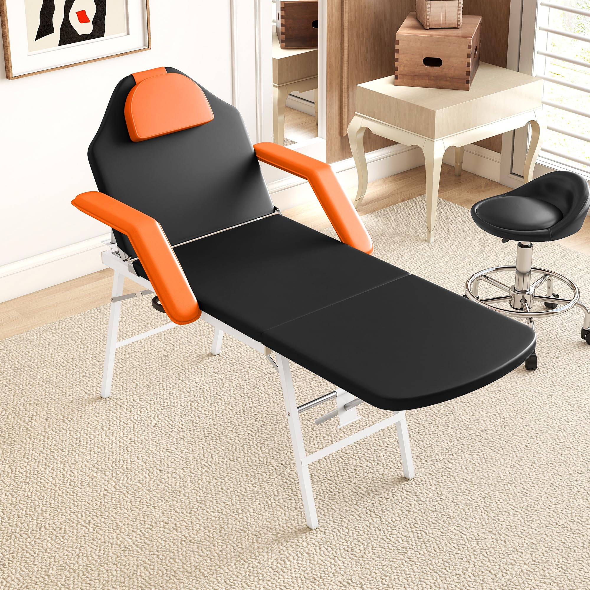 HOMCOM Camilla Masaje Plegable Portátil Camilla Estética Profesional de 3 Zonas con Respaldo Soporte para Piernas Ajustables Reposacabezas Extraíble Reposabrazos Acolchados para SPA 182x82 cm Naranja