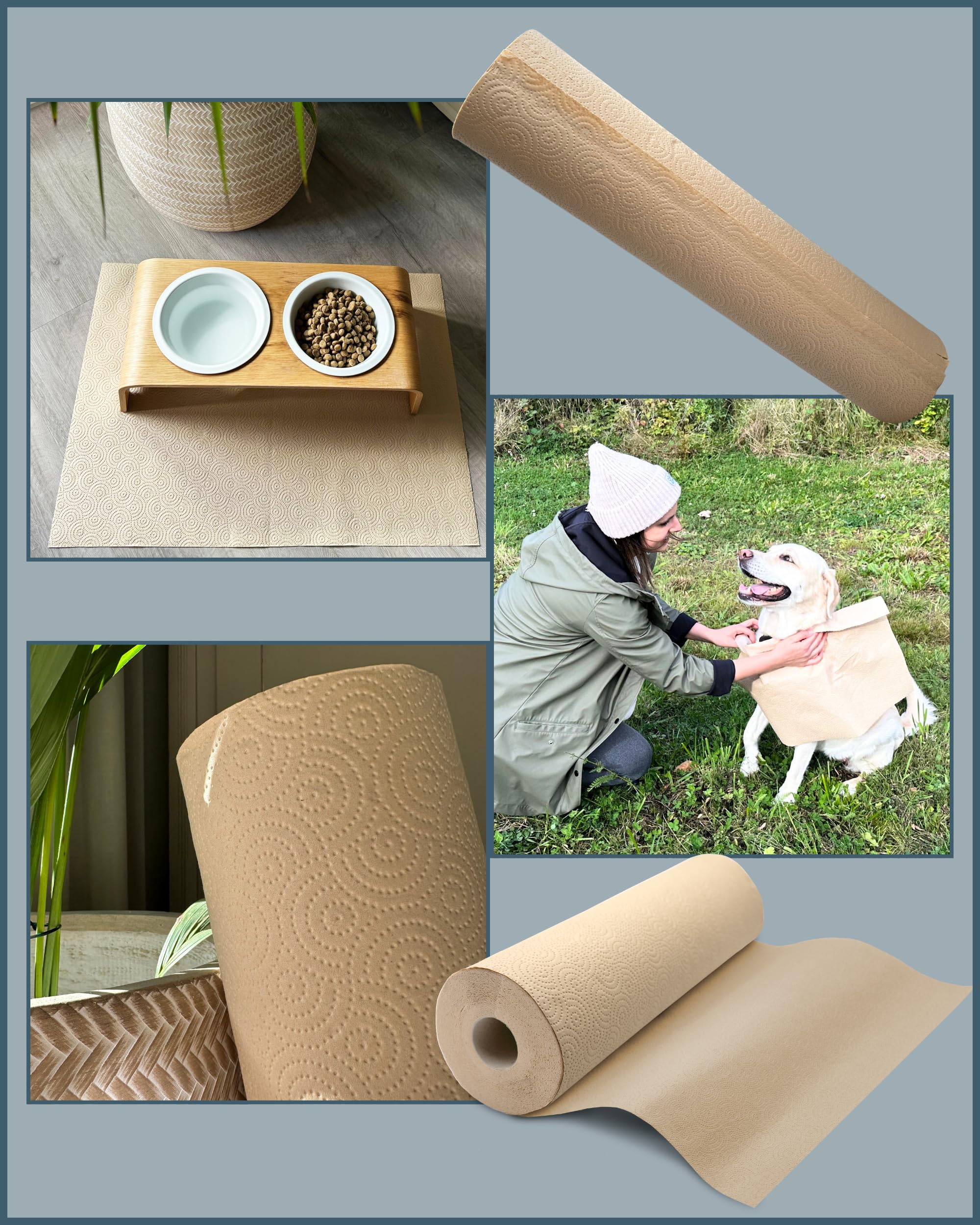 œcolife Hundehandtuch naturell, 9 Rollen, 55x37cm, 60 Blatt, Einweg-Papiertücher für Haustiere, Ungebleichter Zellstoff, Extra Saugstark & Reißfest, Naturbraun