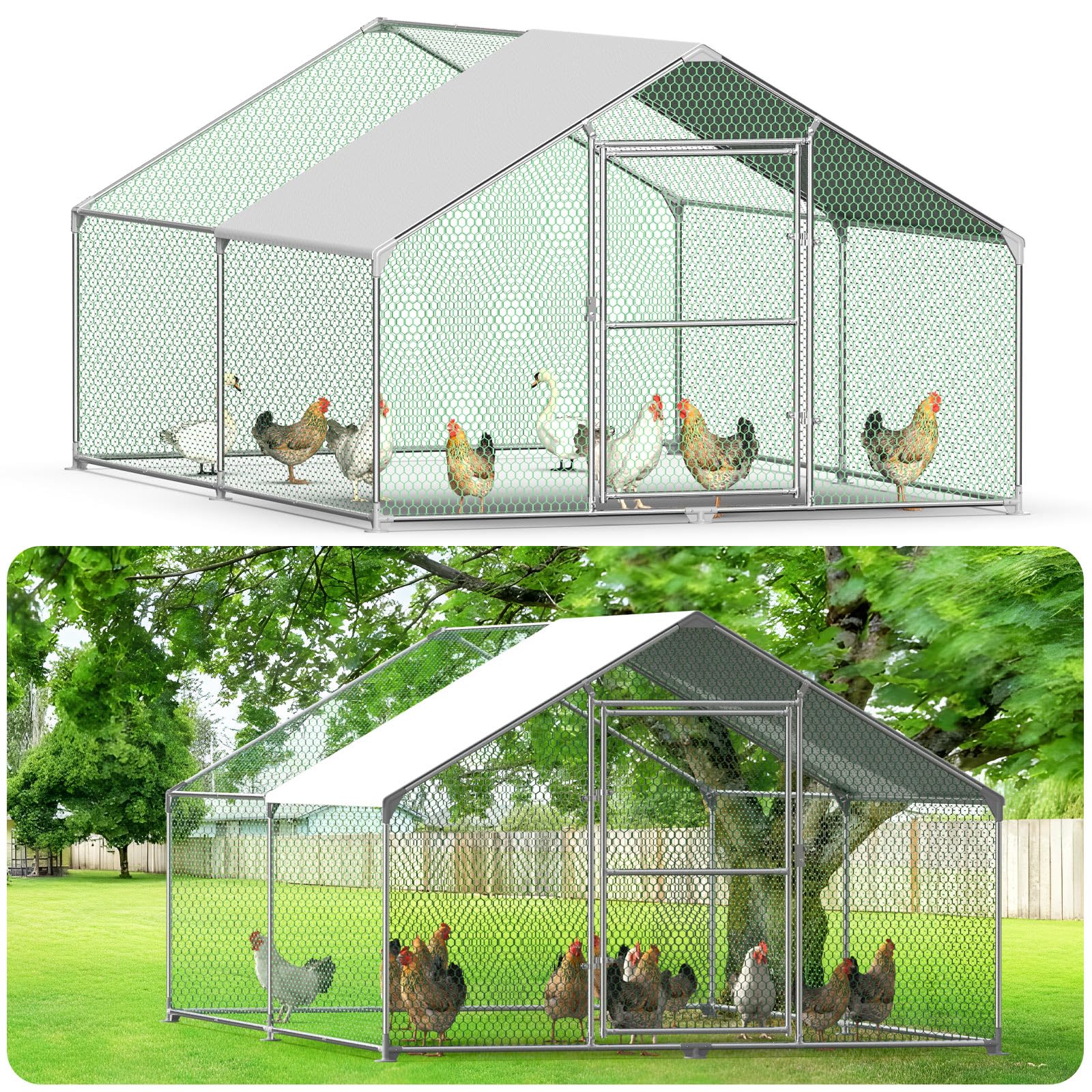 Gallinero para Exterior, Gallineros Grandes de Metal Galvanizado, Jaula para Gallinas con Candado, Gallinero Exterior con Techo de Polietileo pano ra Protección Solar, 4x3x2m