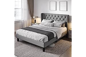 Allewie Queen Upholstered Bed Frame with Grey Tufted Wingback Headboard