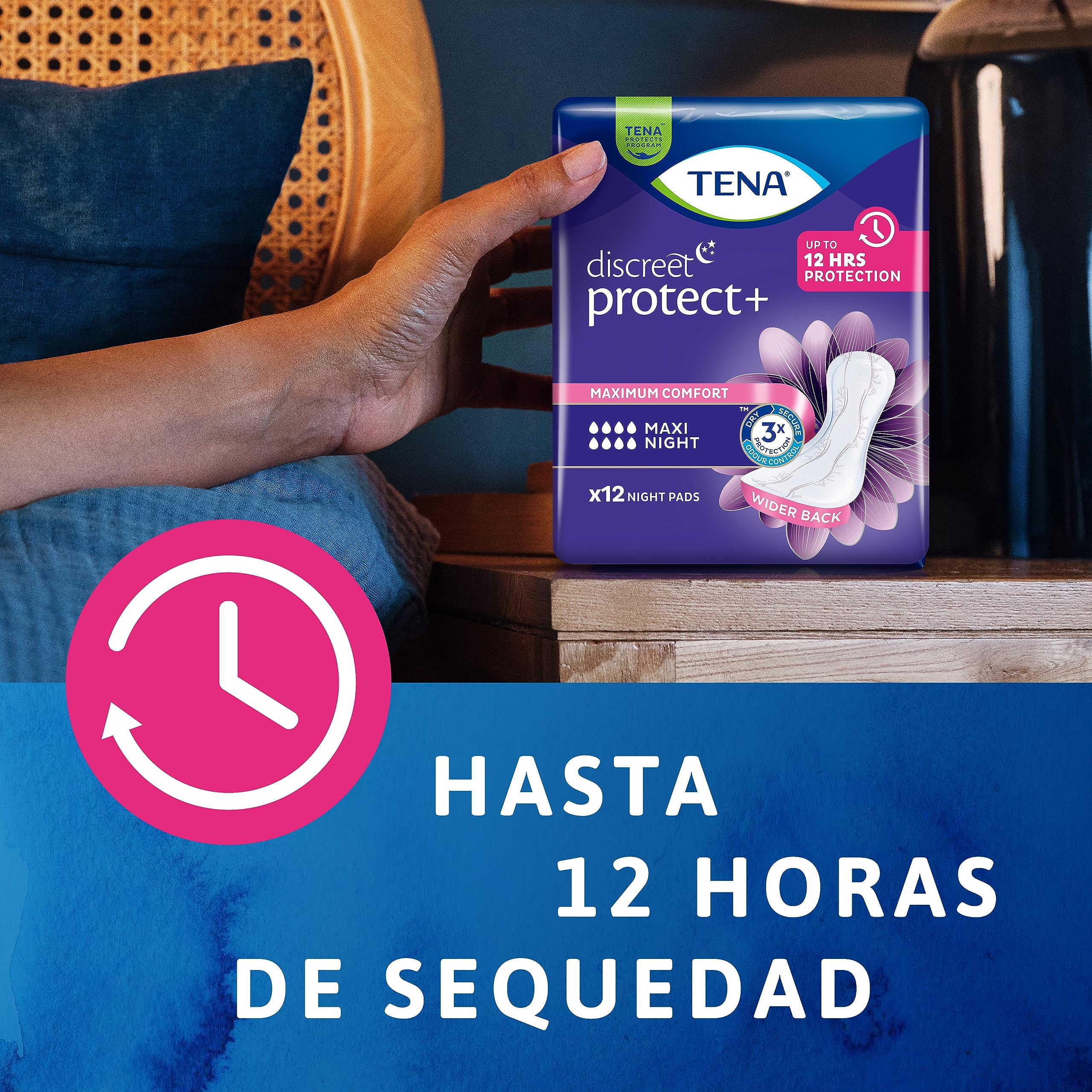 TENA Discreet Protect+ Maxi Night x48: Compresas Nocturnas para Mujeres - Máxima Protección y Confort al Acostarse, y Absorción con InstaDRY™ - Paquete Mensual de 48 unidades (6x8)
