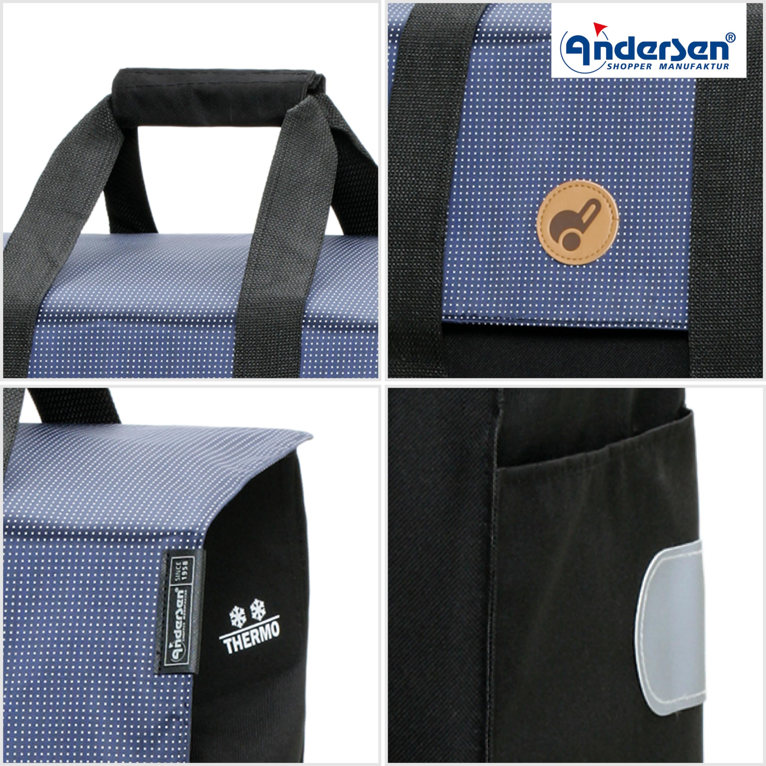 Andersen Einkaufstrolley - klappbar - 43 Liter - Mit Klappsitz bis 120 kg | höhenverstellbar - mit Kühlfach - belastbar 50 kg - Stahlgestell - Trolley - Komfort Shopper Vektor blau