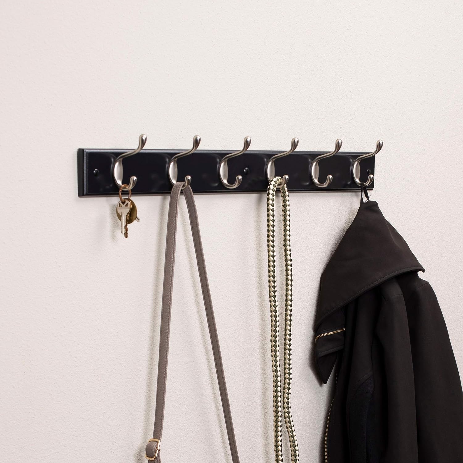 BIRDROCK HOME Hook Coat and Hat Rack - 2 Pack - 6 Hooks - 27 Inches - Wall Mount - Decorative Home Storage - Entryway Foyer Hallway Bathroom Bedroom Rail - Satin Nickel Hooks - Black Pine Bathroom