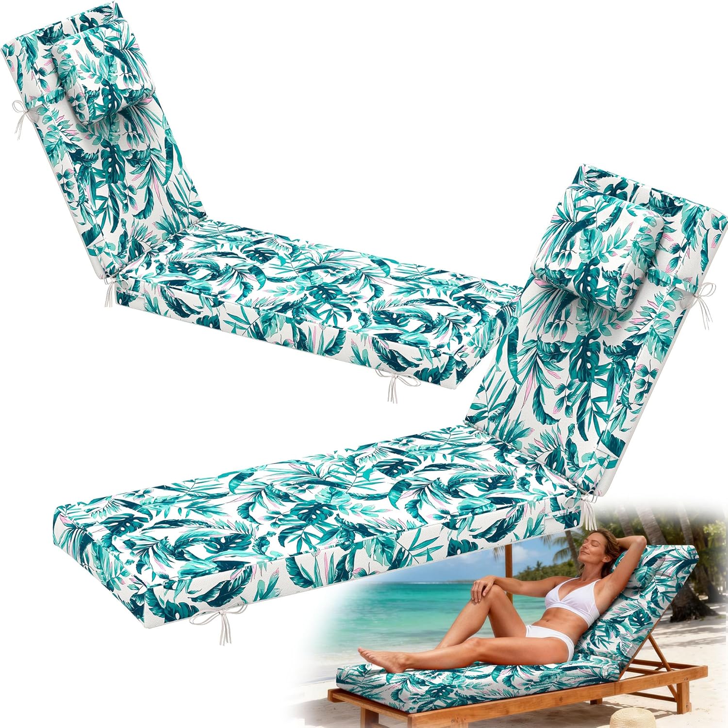 Chaise Lounge Cushions Outdoor Set of 2, 80x26 Inch Thick Lounge Chair Cushion with Headrest for Patio Furniture, Water & Fade Resistant Replacement Pool Lounger Pad with Removable Cover,Hawaii