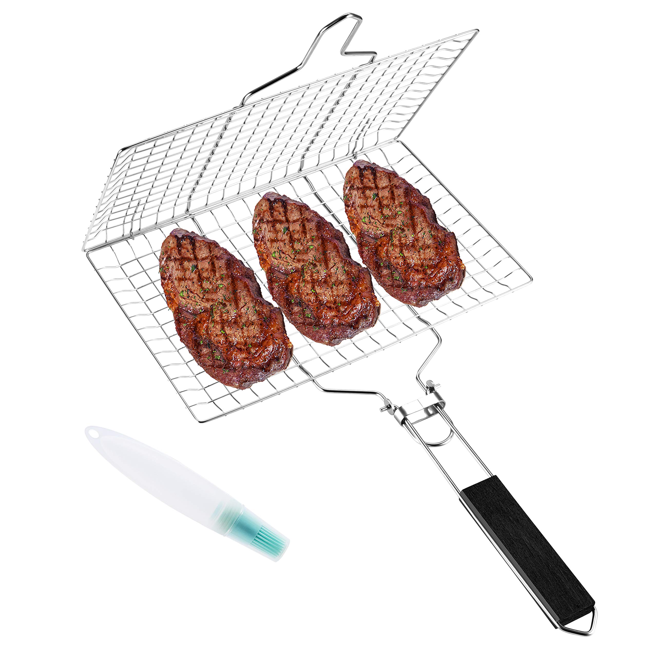 Simple Trending BBQ Grill Basket, Stainless Steel Grilling Basket with Removable Handle, Perfect Barbecue Grilling Tool for Vegetables, Fish, Meat, Bonus Grill Mat and Sauce Bottle Brush