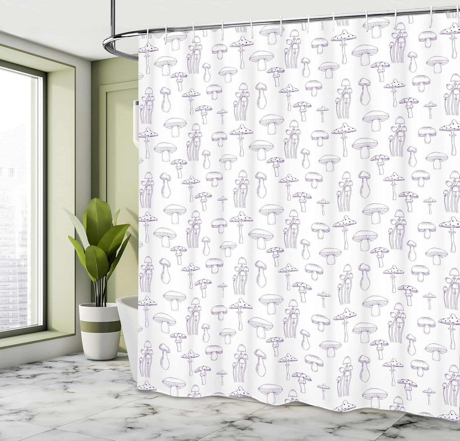 Ambesonne Mushroom Shower Curtain, Monochrome Digital Pencil Drawing Magic Garden Produce Sketch Illustration Print, Cloth Fabric Bathroom Decor Set with Hooks, 69" W x 75" L, Violet White