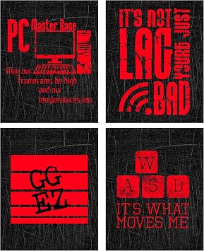 Silly Goose Gifts GG EZ - PC Video Game Wall Art Print Decor Set of Four 4 Assorted Colors Gamer No Frames Red