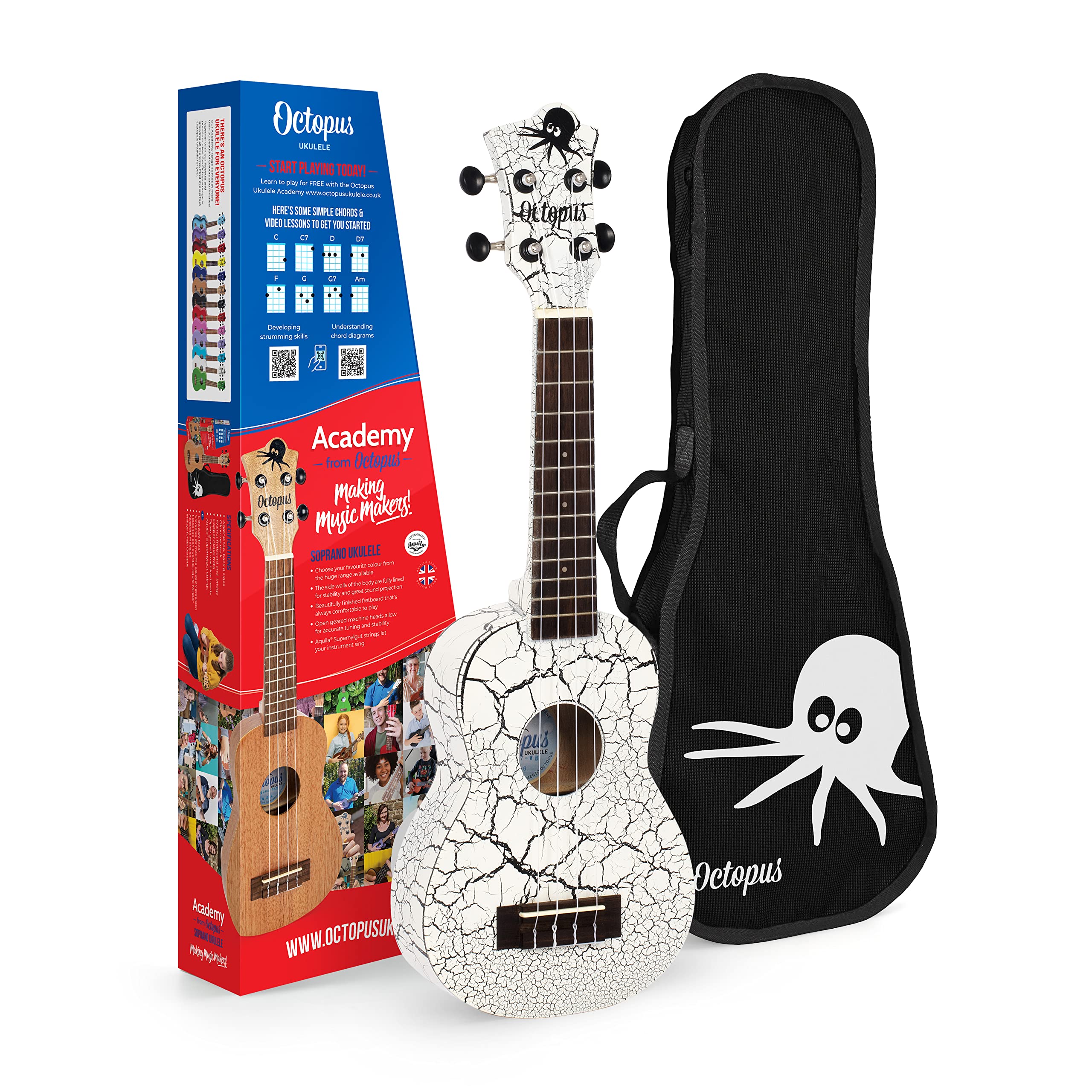 Octopus Crackle soprano ukulele in white and black