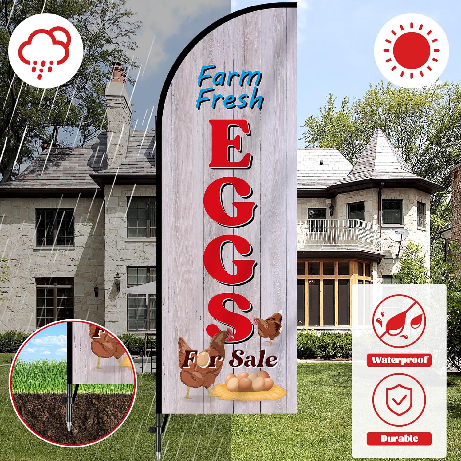 2 Sets Farm Fresh Eggs Feather Flag for Businesses Fresh Eggs Themed Swooper Banner Sign with Carbon Fiber Pole and Ground Stake Portable Bag Advertising Flag Banner for Business Advertising Outside