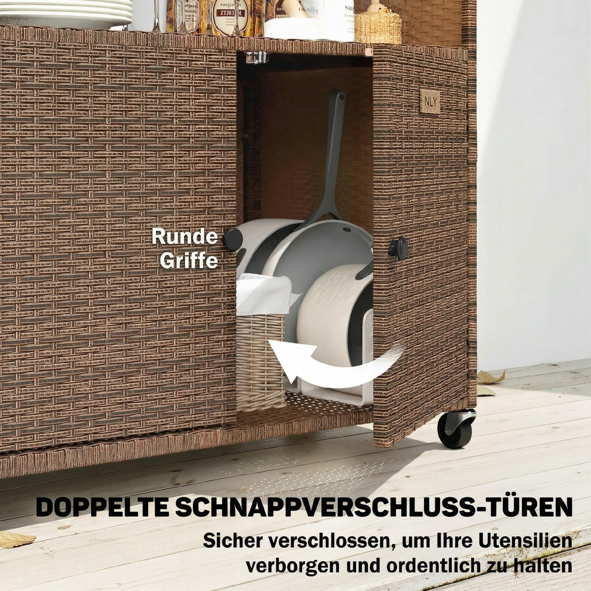 Outsunny Chariot de service en rotin avec plan de travail en bois d'eucalyptus FSC, compartiment de rangement, roulettes, poignée latérale, chariot de bar, chariot de barbecue, chariot d'appoint pour