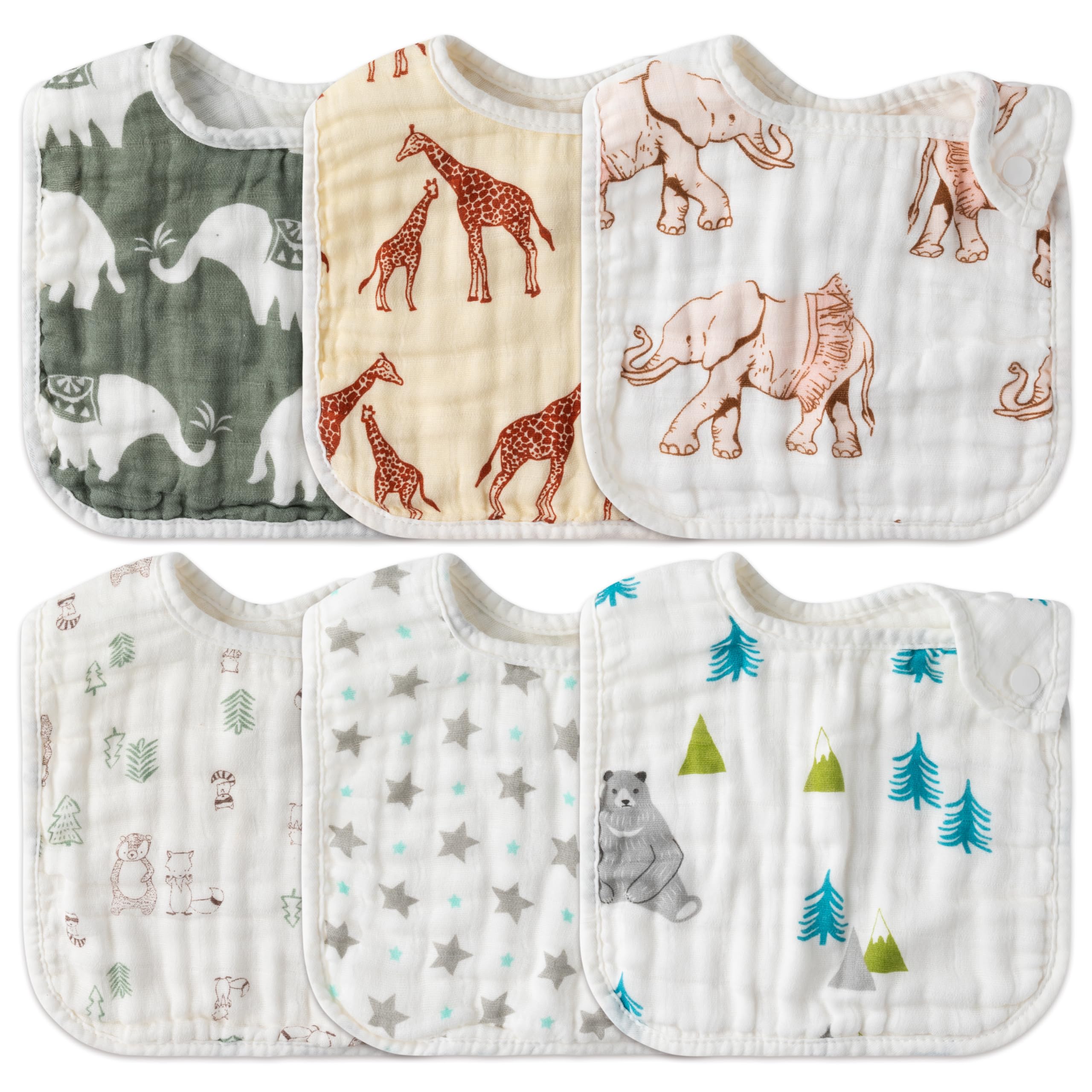 Zainpe 6Pcs Snap Muslin Cotton Baby Bibs Bear Fox Infants Drooling Bib Soft Absorbent Adjustable Burp Cloth Machine Washable Feeding Cloths for