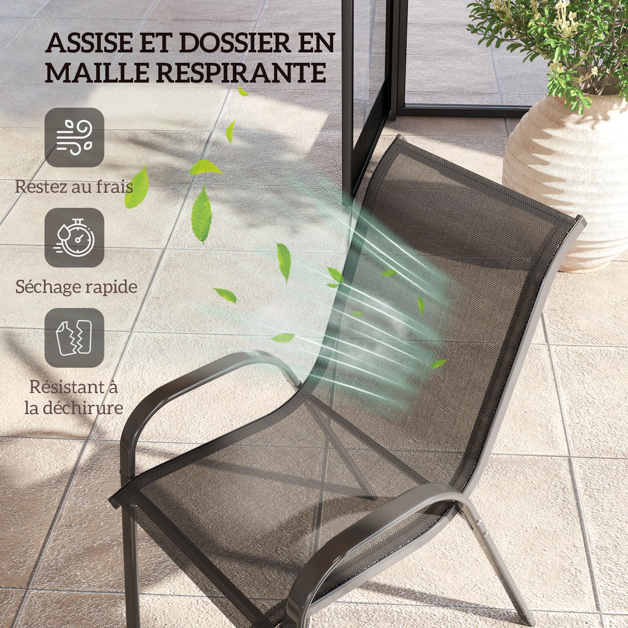 Outsunny Lot de 4 chaises de Jardin, chaises empilables, Dossier Haut incliné, Tissu en Maille Respirante, Cadre en Acier, Noir