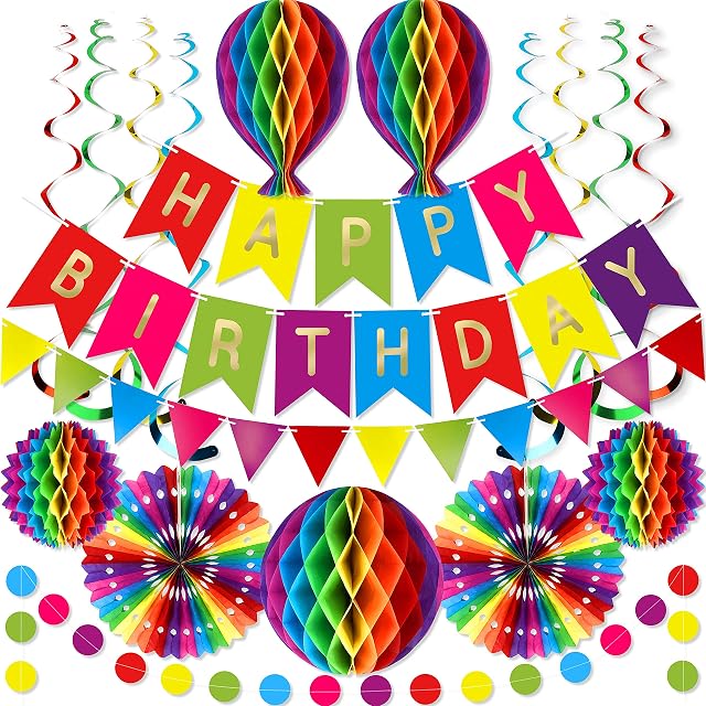 Premium Reusable Birthday Party Decorations - Birthday Decoration Set - Party Supplies - Happy Birthday Banner, Birthday Bunting, Honeycomb Decorations, Paper Lanterns Decorations, Pom Poms, Streamers