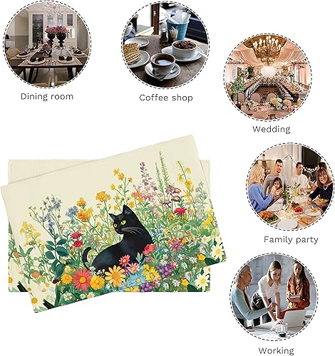 Miniatura 7 de Juego de 4 manteles individuales de tela lavables para mesa de comedor con diseño de gato negro, decoración floral para cocina y comedor para