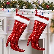 2 Pcs Red Sequin High Heeled Christmas Stocking Decor, Sparkly