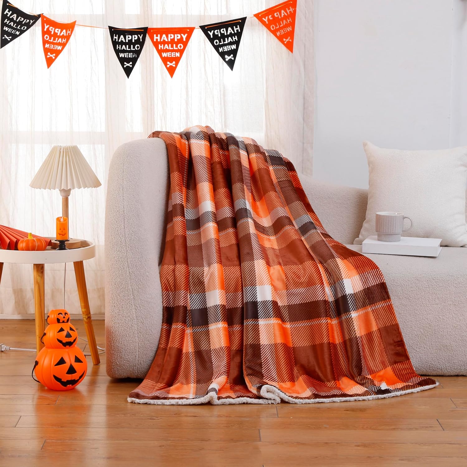 Fall Plaid Throw Blanket 50"x60",Autumn Orange Rust Room Decor Soft Warm Fleece Fuzzy Checkered Blanket for Couch Living Room Bed Camping Chair Dorm - Image 3