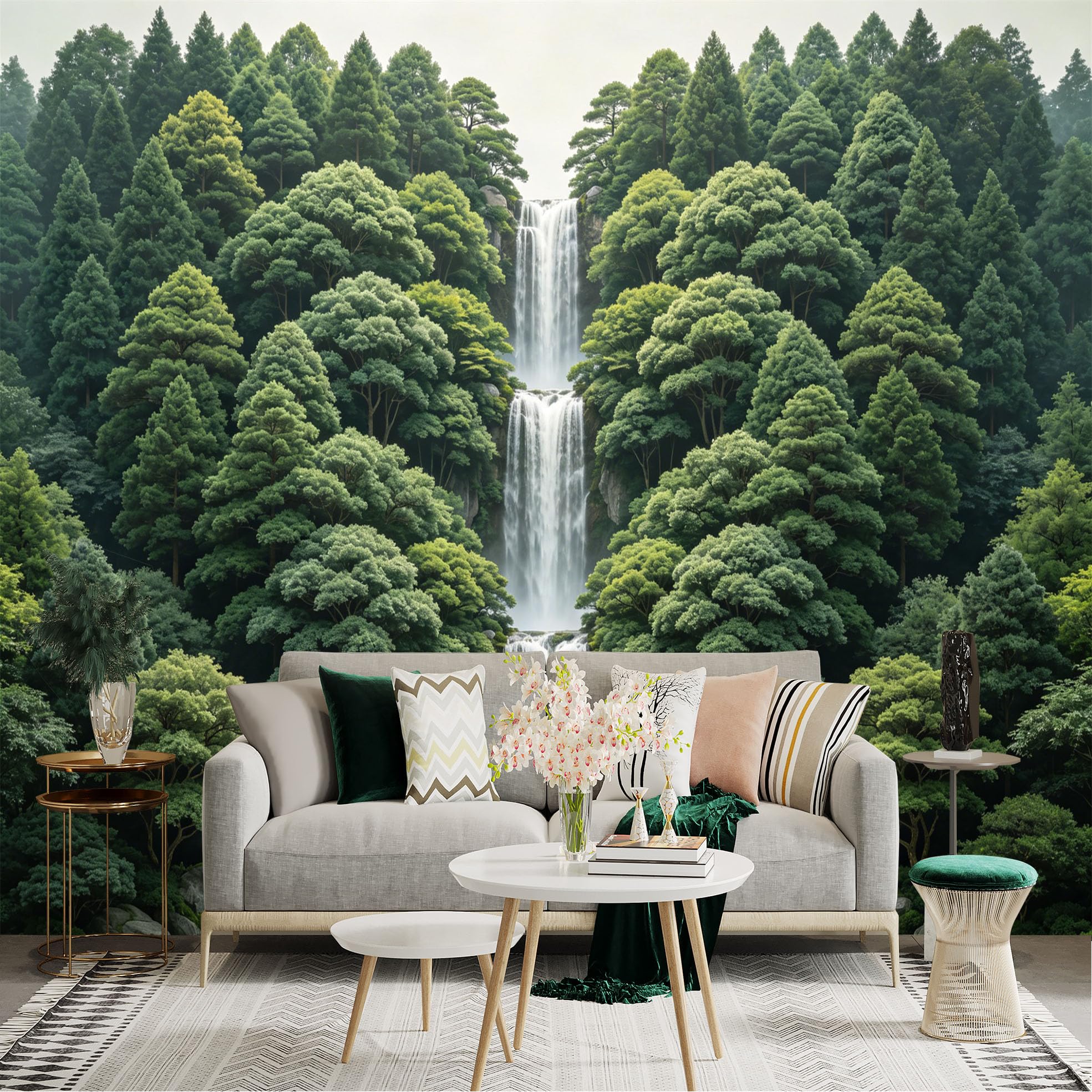 Lnzczhyre Dbh260521351 Custom Size Wall Sticker Mural， Cascading Tiered Waterfall， Lush Green Forest Landscape， Serene Nature Scenery， Tranquil Woodland View， For Wall Decoration， Peelandstick Wall Decals.