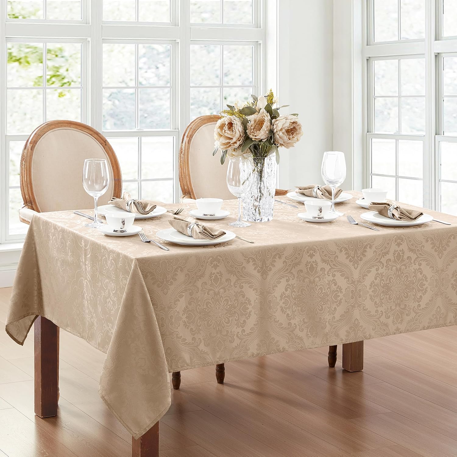 Elrene Home Fashions Caiden Elegance Damask Waterproof, Stain & Wrinkle Resistant Fabric Tablecloth, 52" x 70" Oblong/Rectangle, Taupe