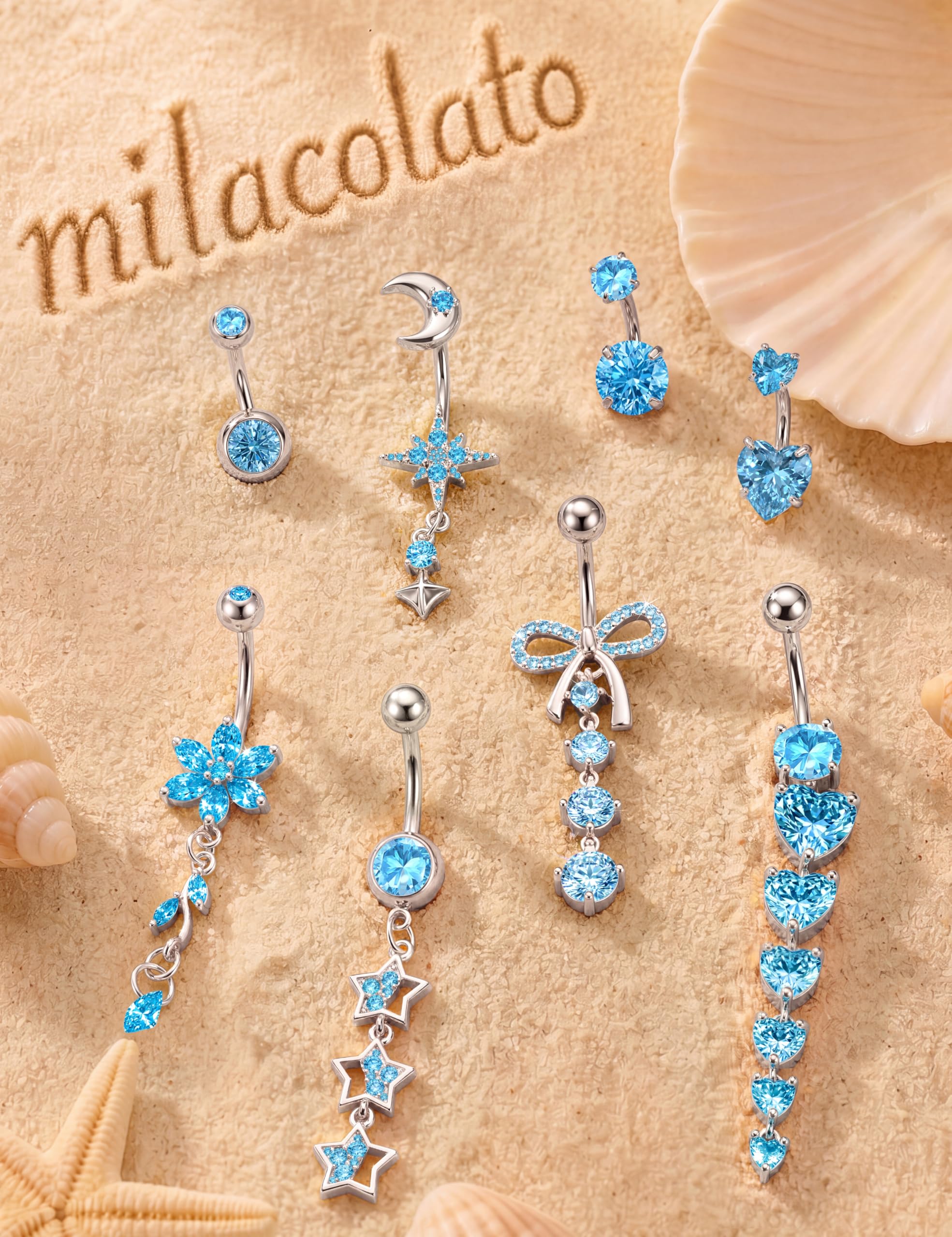 Milacolato Lot of 8 Piercing Ombelico – 3 Barrette Corte + 5 Pendenti, Acciaio Chirurgico Ipoallergenico, Oro & Argento, Bijoux per Donna (Cuore Farfalla Fiore Stella)