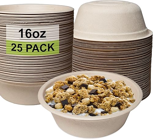 Paquete de 25 Cuencos de papel compostables de 16 onzas, cuencos desechables de alta resistencia, bagazo natural ecológico sin blanquear, uso