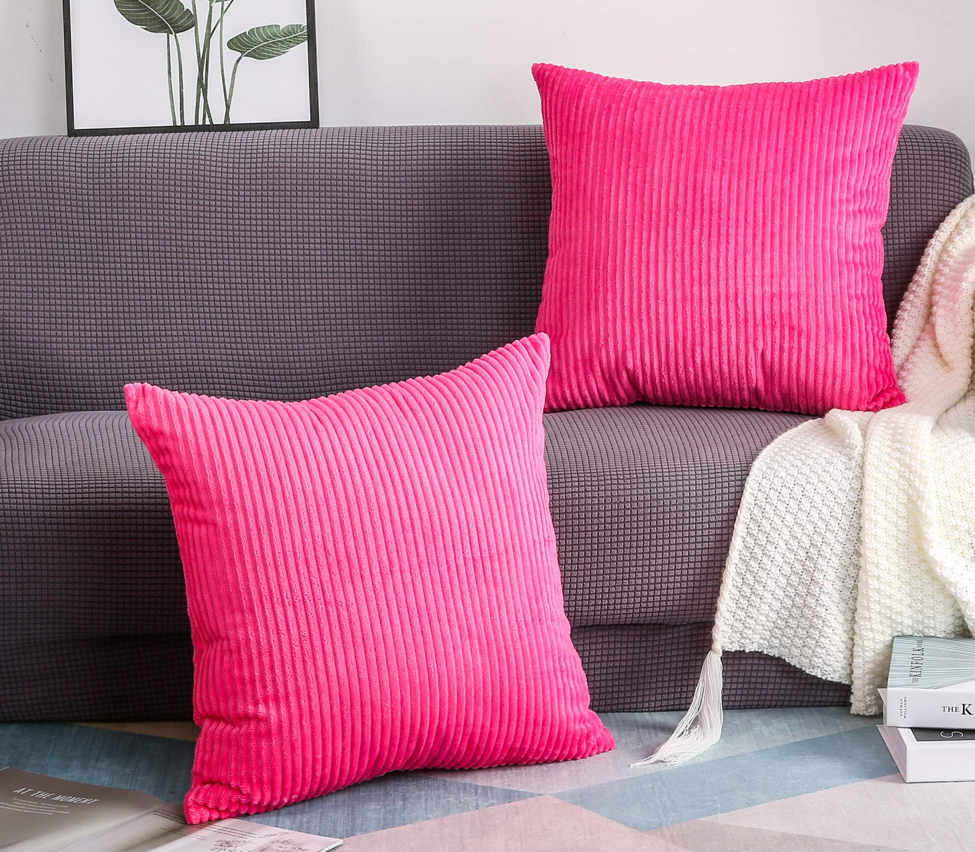 TangDepot, Set of 2 Solid Velvet Striped Corduroy Decorative Throw Pillow Covers, Square Pillow Covers - (16