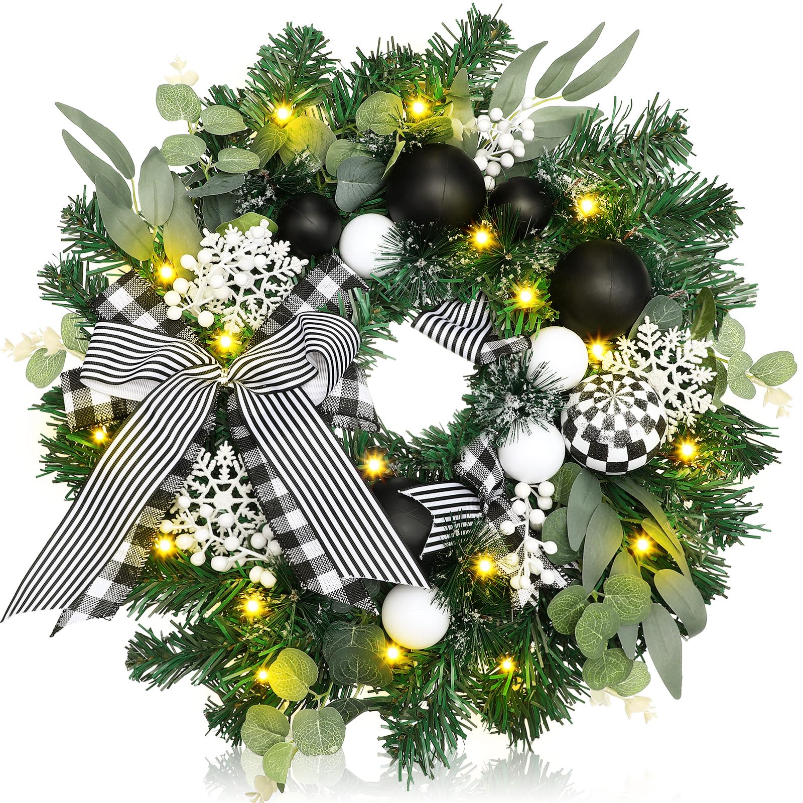 Knitgrip Couronne de Noël pré-éclairée pour porte d'entrée - Couronne de Noël avec boule de Noël noire et blanche et nœud de buffle - Couronne lumineuse à 20 LED pour les vacances, l'intérieur, le