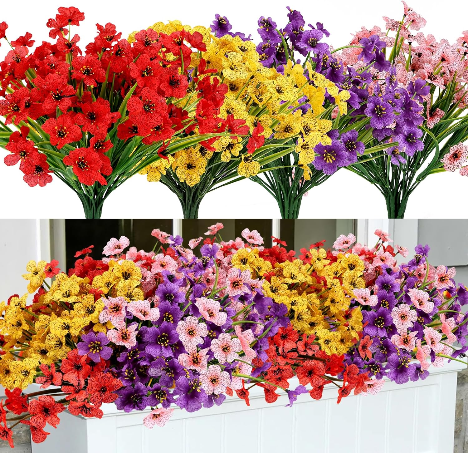 Geegoods Artificial Mums Flowers for Outdoors, 16 Bundles UV Resistant Fake Plastic Colorful Mix Flowers for Patio Porch Spring Summer Decor