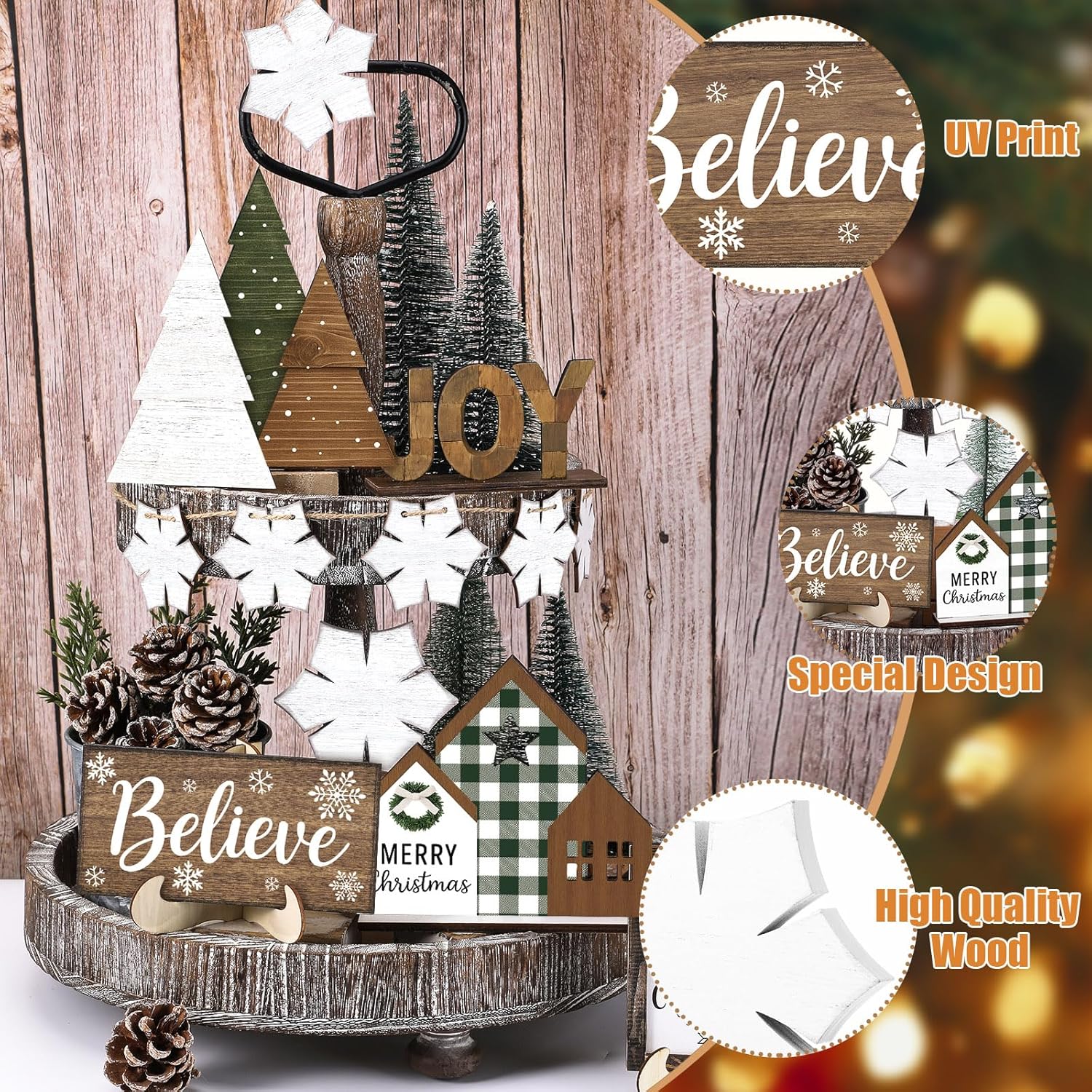 20 Pcs Neutral Christmas Tiered Tray Decor Set Vintage Plaid Snowflake Xmas Tree Wood Sign Rustic Farmhouse Tray Decoration Tabletop Sign for Winter Home Kitchen Festival - Image 4