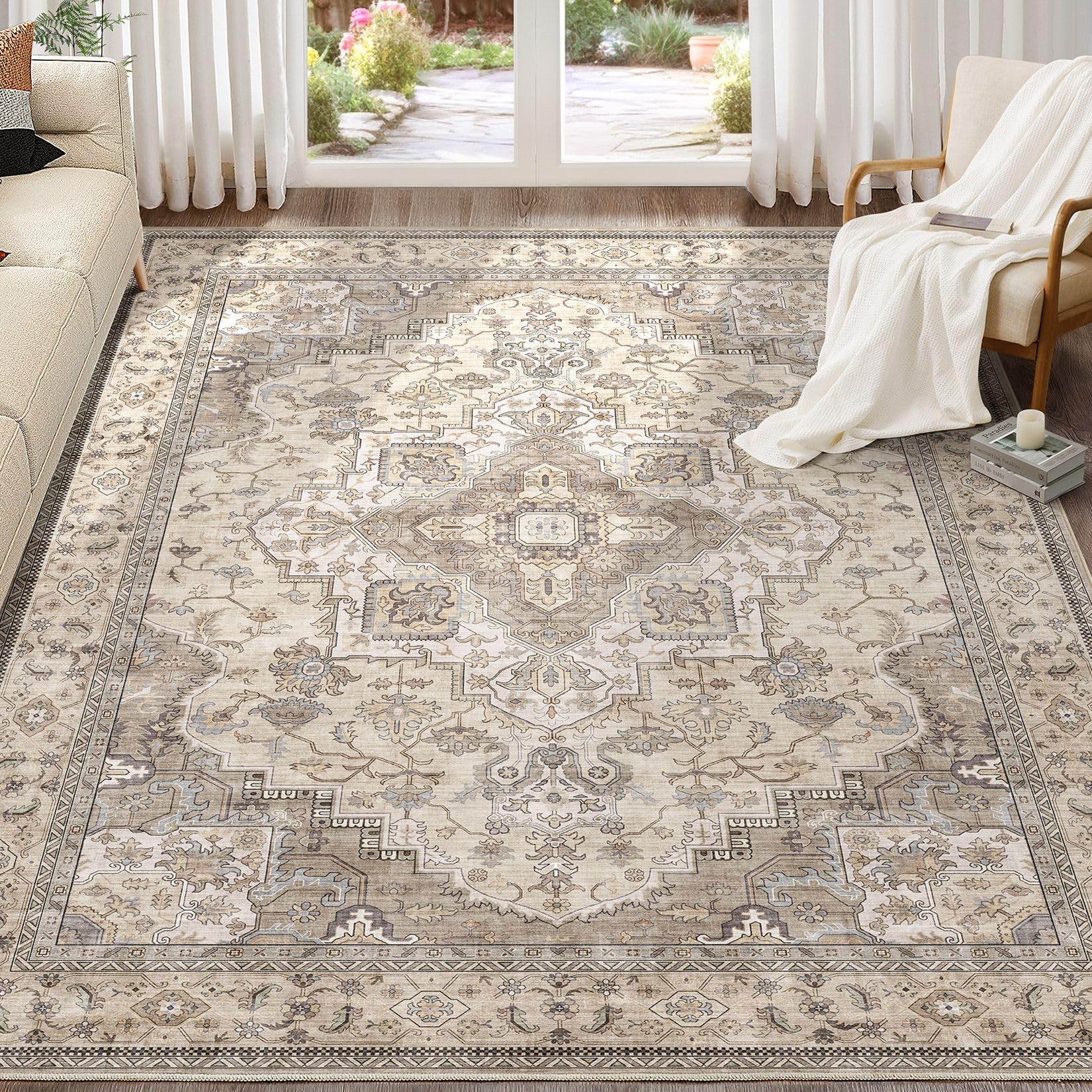 EIEIHOUSE 10x12 Area Rug Washable Vintage Brown Multi