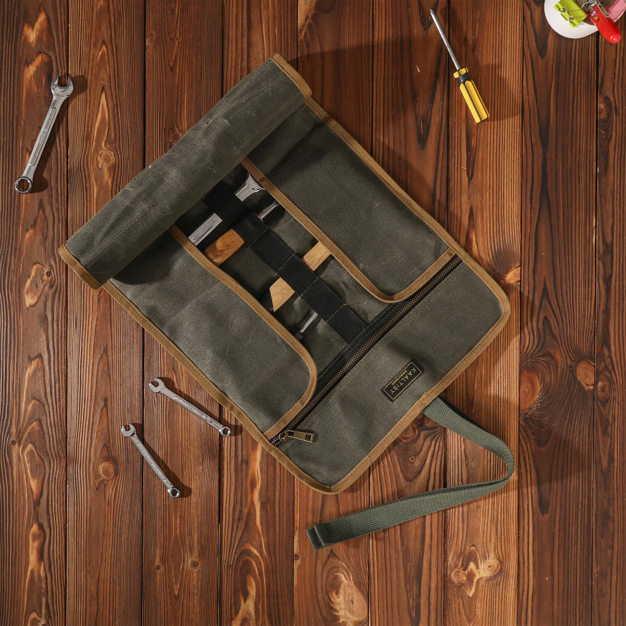 Sac à outils enroulable en toile cirée, 453,6 g – Rouleau de rangement pour outils multifonction avec 9 emplacements, 1 poche zippée et bande élastique, pour électricien, entrepreneur, réparateur,