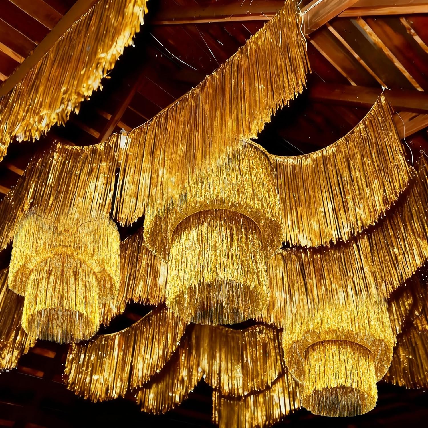 Gold 6 Pcs 1920s Disco Party Decorations 2 Tier Tinsel Chandelier Foil Fringe Tassels Trim Shiny Hanging Ceiling Fringe Banners for 1920s New Year's Eve Birthday Grad Party Props
