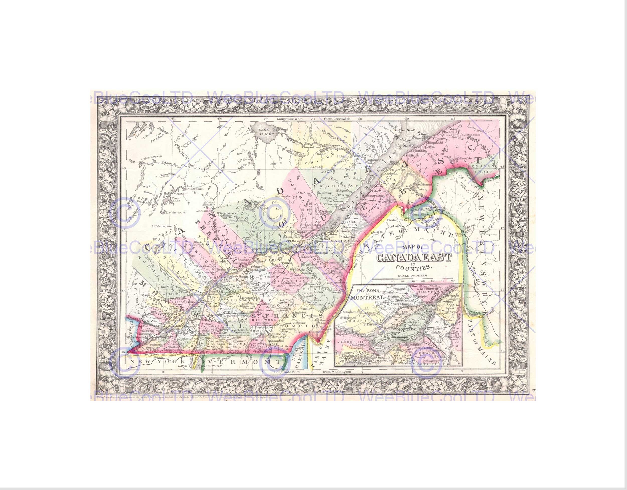 Wee Blue Coo 1864 Mitchell Map Quebec Canada Vintage Picture Wall Art Print