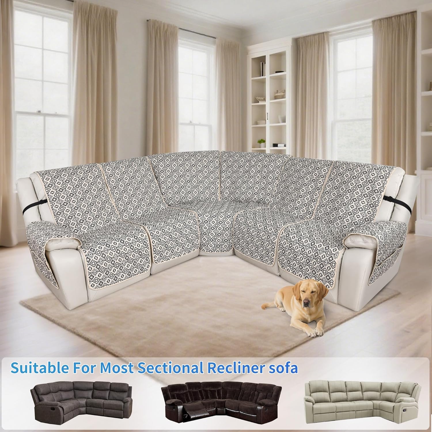 ALIECOM L Shaped Reclining Sectional Couch Covers 100% Waterproof Corner Recliner Sectional Sofa Cover Washable Printed Recliner Slipcovers Pet Dog Protector (5 Seat, Checkered Gray)