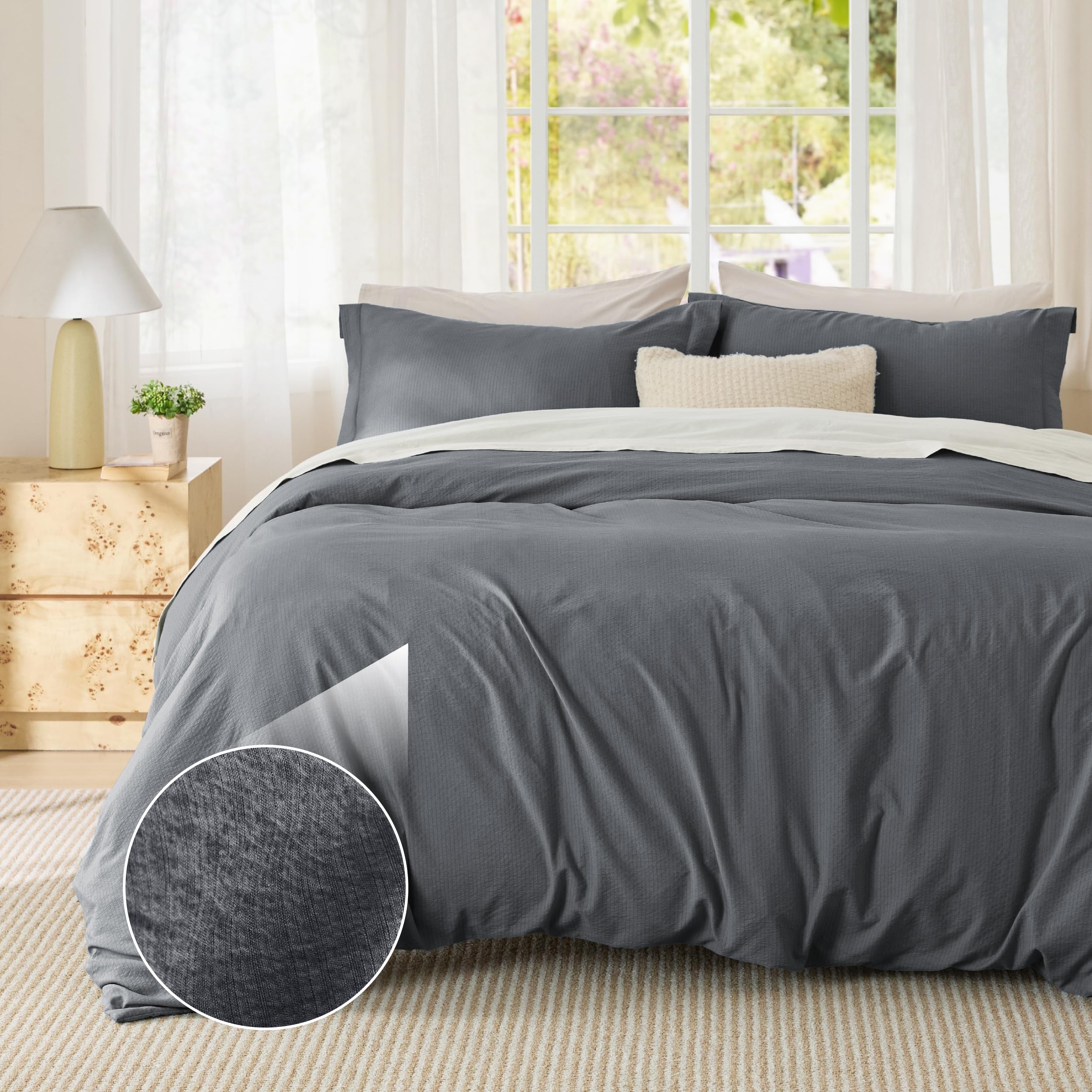 Bedsure Textured Duvet Cover Queen Size - Cotton-Like Polyester Jacquard Duvet Cover Set for All Seasons - 3 Pieces Elevated Dobby Ultra Soft Bedding Set, NO Comforter (Dark Grey, Queen, 90"x 90")