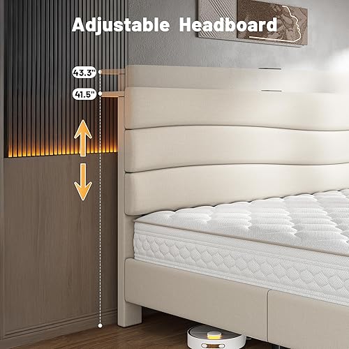 Miniatura 7 de EnHomee Base de cama tamaño King, base de cama King tapizada con estaciones de carga, cabecera de almacenamiento ajustable, dormitorio, apartamento,