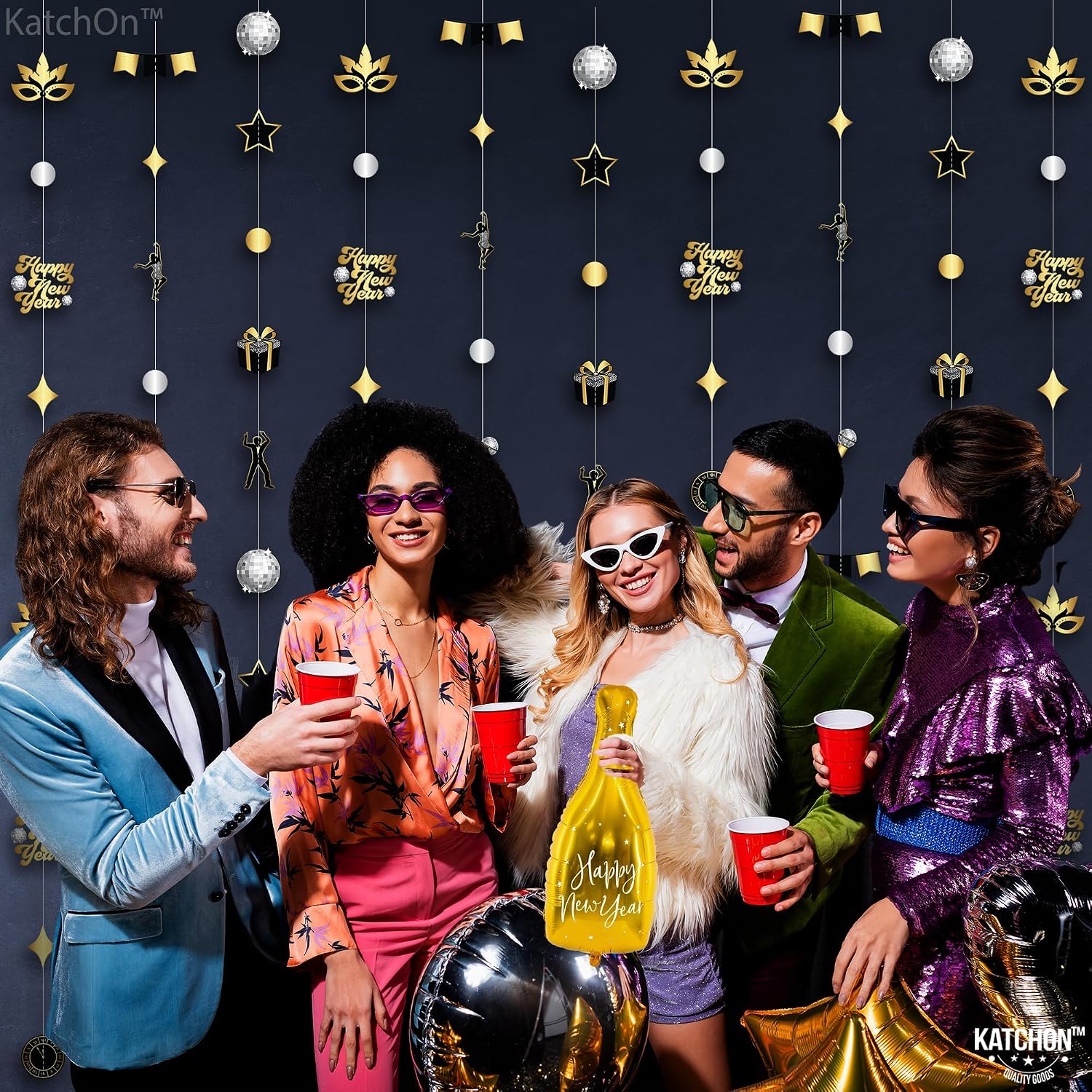 KatchOn, Happy New Year Garland - Pack of 9 | Pre - Strung, Happy New Years Hanging Decorations | New Years Eve Party Supplies 2026 | NYE Decorations 2026, Happy New Year Backdrop, 2026 Banner