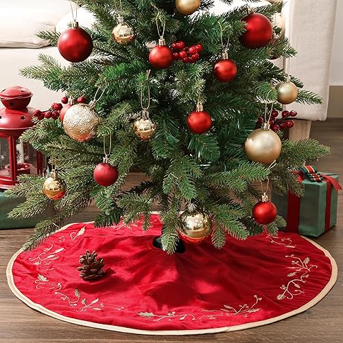 Miniatura 19 de Falda para árbol de Navidad, árbol de Navidad rojo de 60 pulgadas, faldas grandes de terciopelo rústico para árbol de Navidad, faldas de árbol