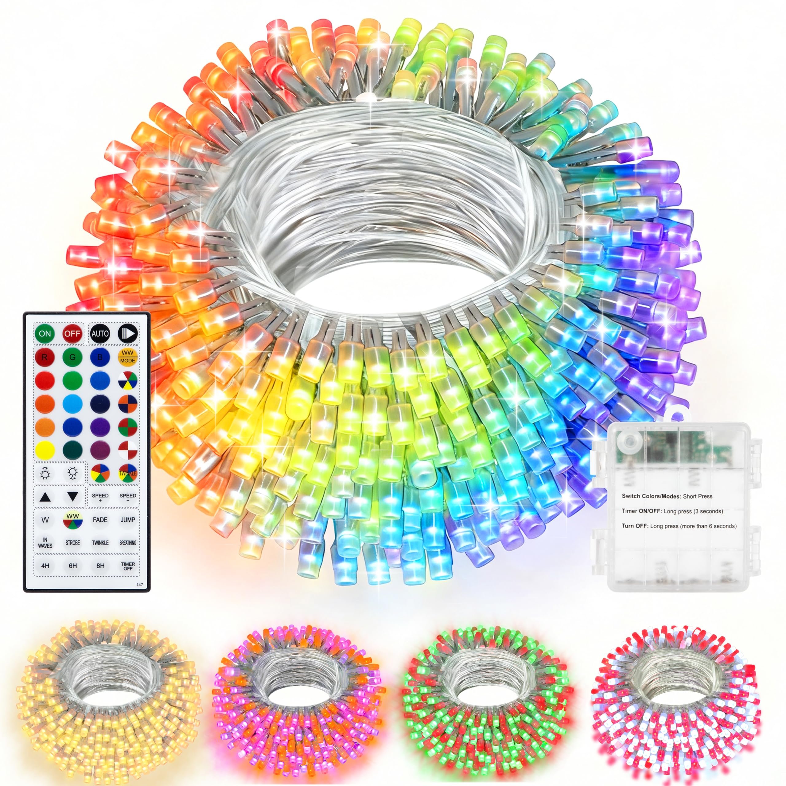 echosari Guirlande lumineuse de Noël à piles, 100 LED avec 150 couleurs changeantes et modes pour décoration de fête de Noël (changement de couleur RVB et blanc chaud) (fil transparent)