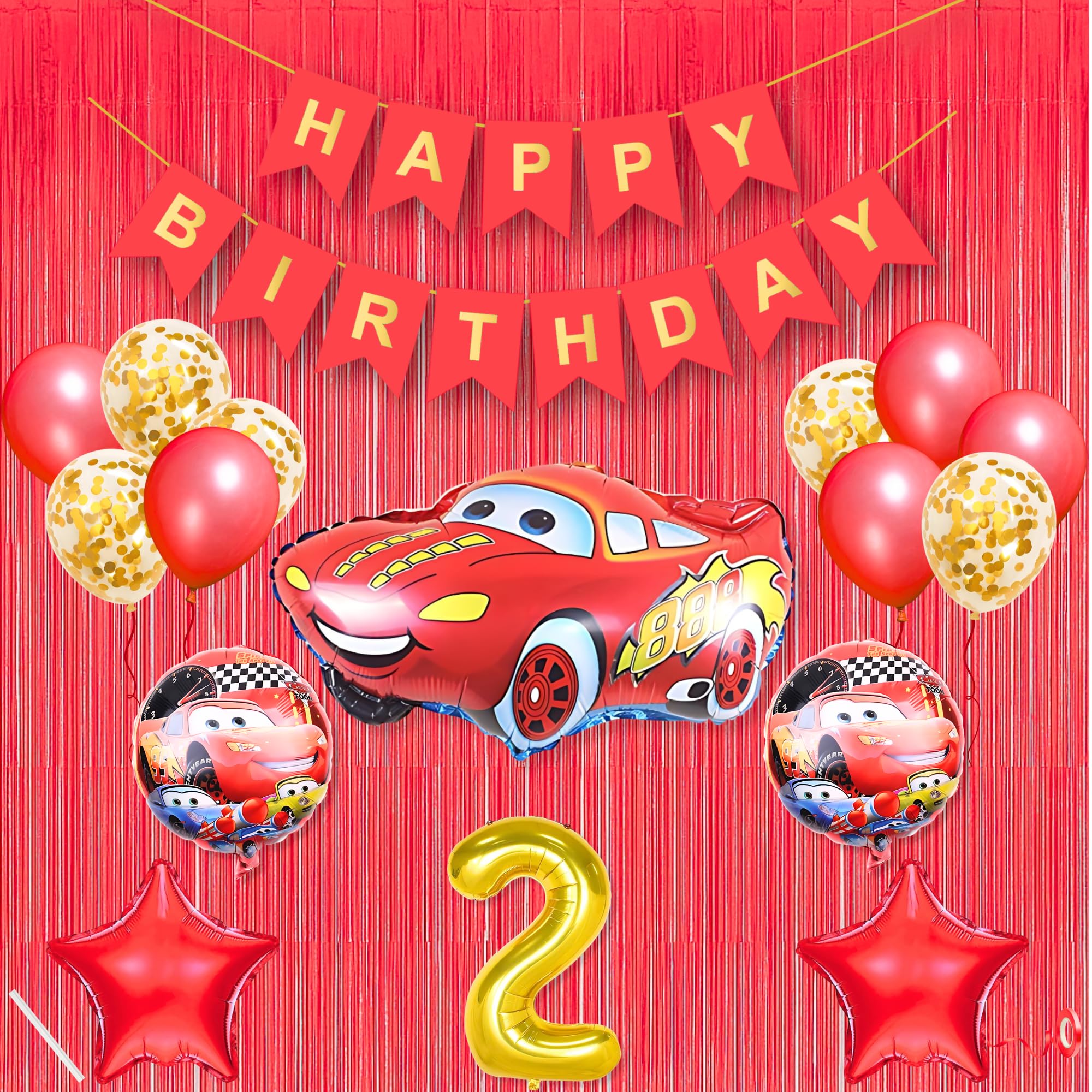 2nd Car Theme Happy Birthday Banner Decoration Red for 2 year Old Baby Boys Girls Kids 5 Pc Lightning Macqueen Theme 10 Pc Confetti Balloons Foil Curtain Kit Combo Set Items 2 Pc Red Star-image-33