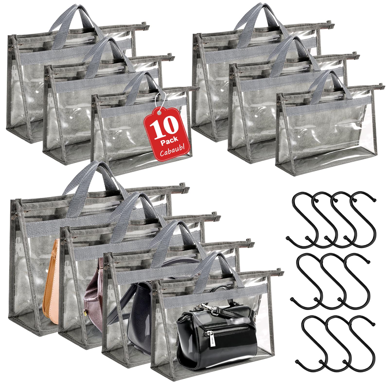 Cabaubl 10 Pcs Dust Bags for Handbags,Clear Handbag Storage Organizer,Purse Storage Organizer for Closet,Purse Protector Storage Bag with Zipper Handle and Hooks (Grey)