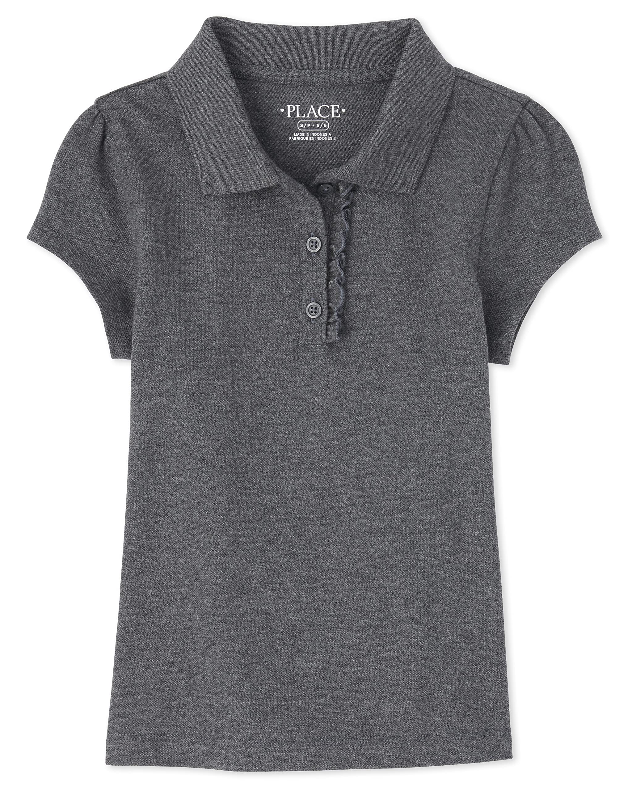The Children's Place Girls Uniform Ruffle Pique Polo, DKHTRGRAY, XS (4)