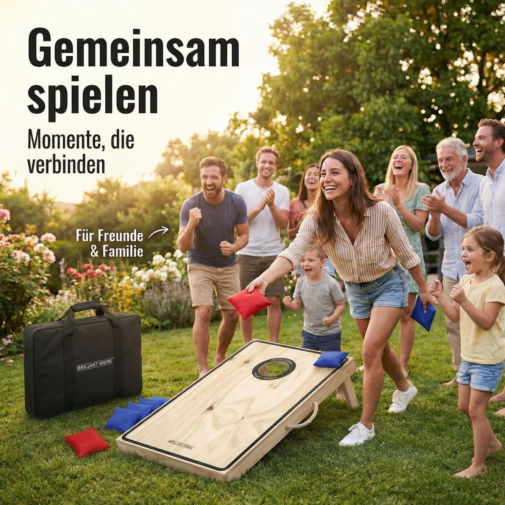Briliantwerk® Cornhole Spiel Outdoor – Hochwertiges 11-teiliges Echtholz Wurfspiel | Sackloch Spiel für Erwachsene & Kinder | Bean Bag Game für Draußen (lackiert)
