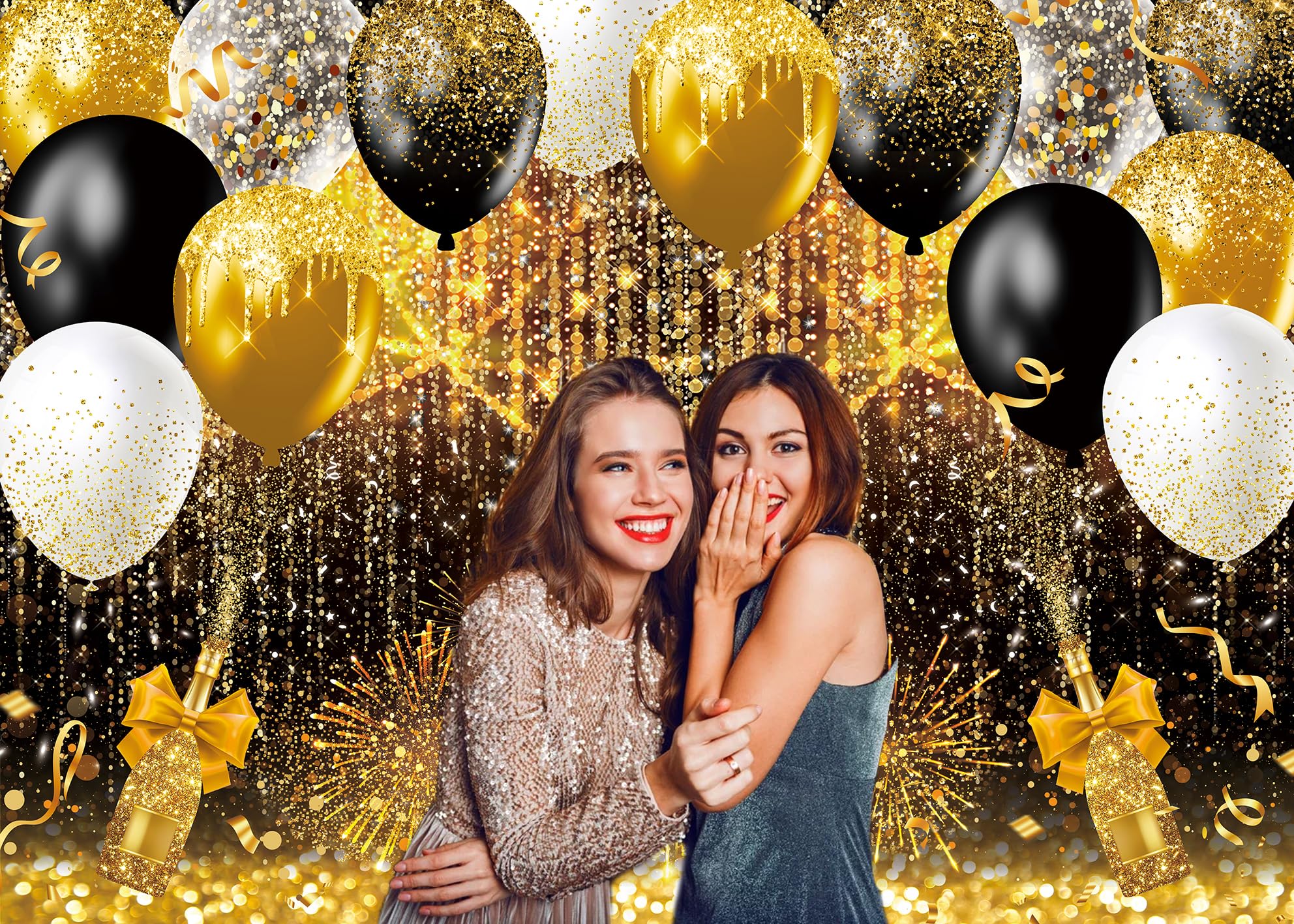 Sfondo fotografico con palloncini oro nero e oro glitterato a pois bokeh, sfondo fotografico per compleanno, matrimonio, Capodanno, feste, sfondo sfondo (nero oro, 240 x 180 cm)