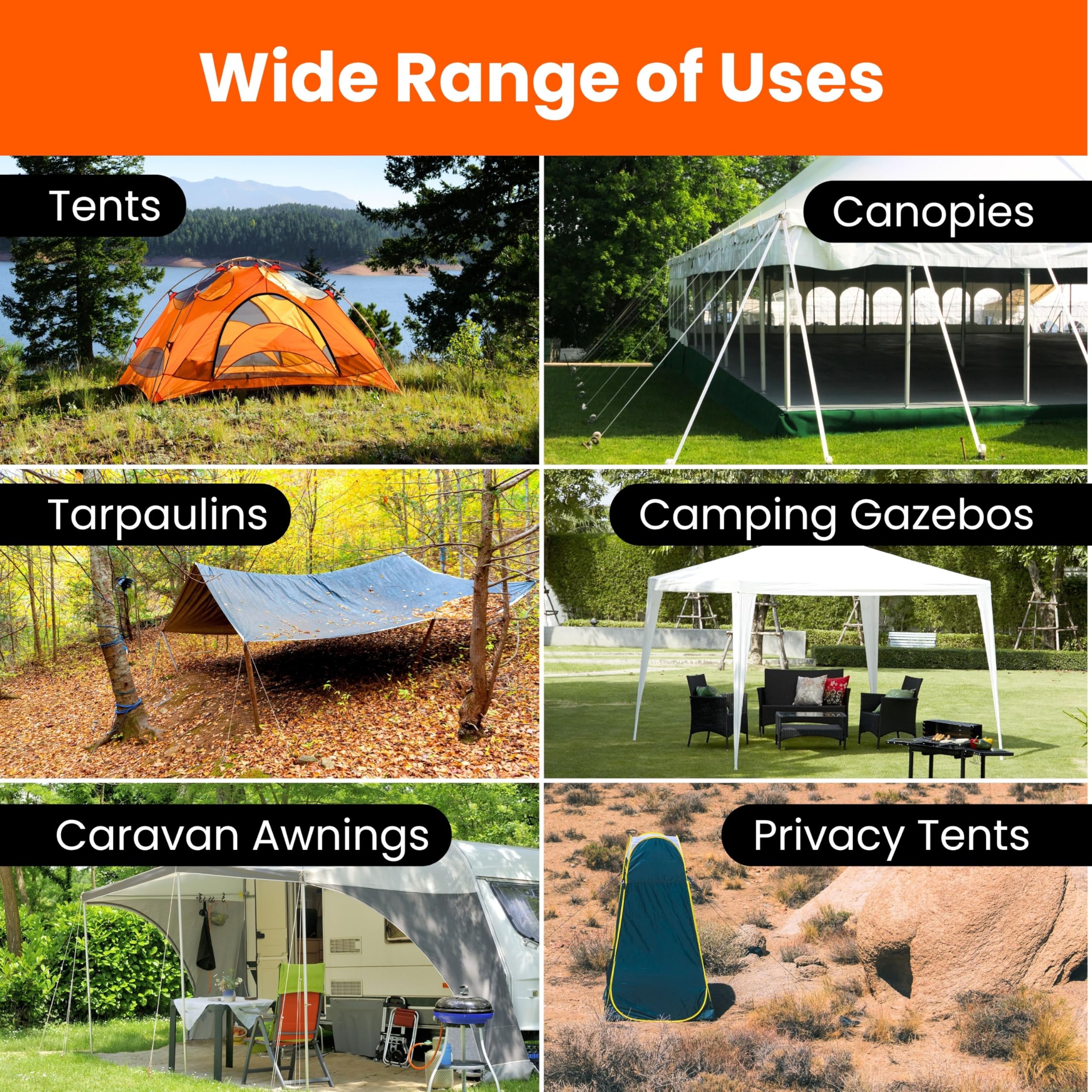 Lot de 20 piquets de tente robustes orange de 22 cm avec sac de rangement, mousqueton, anneaux en caoutchouc, embout à douille et maillet – Piquets de camping galvanisés pour l'extérieur