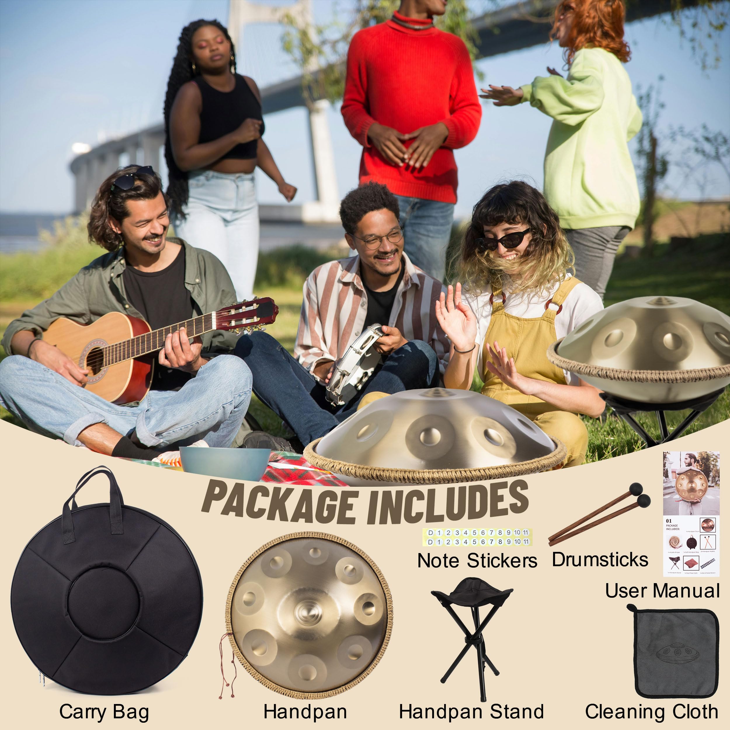 Handpan 432 HZ Avanzato/Principiante, Hand Pan 9 Note 19 Pollici, Tamburo-Acciaio in D Minore, Tamburo a Mano con Borsa per Trasporto e Supporto, Steel Drum per Sound Healing, Meditazione, Oro