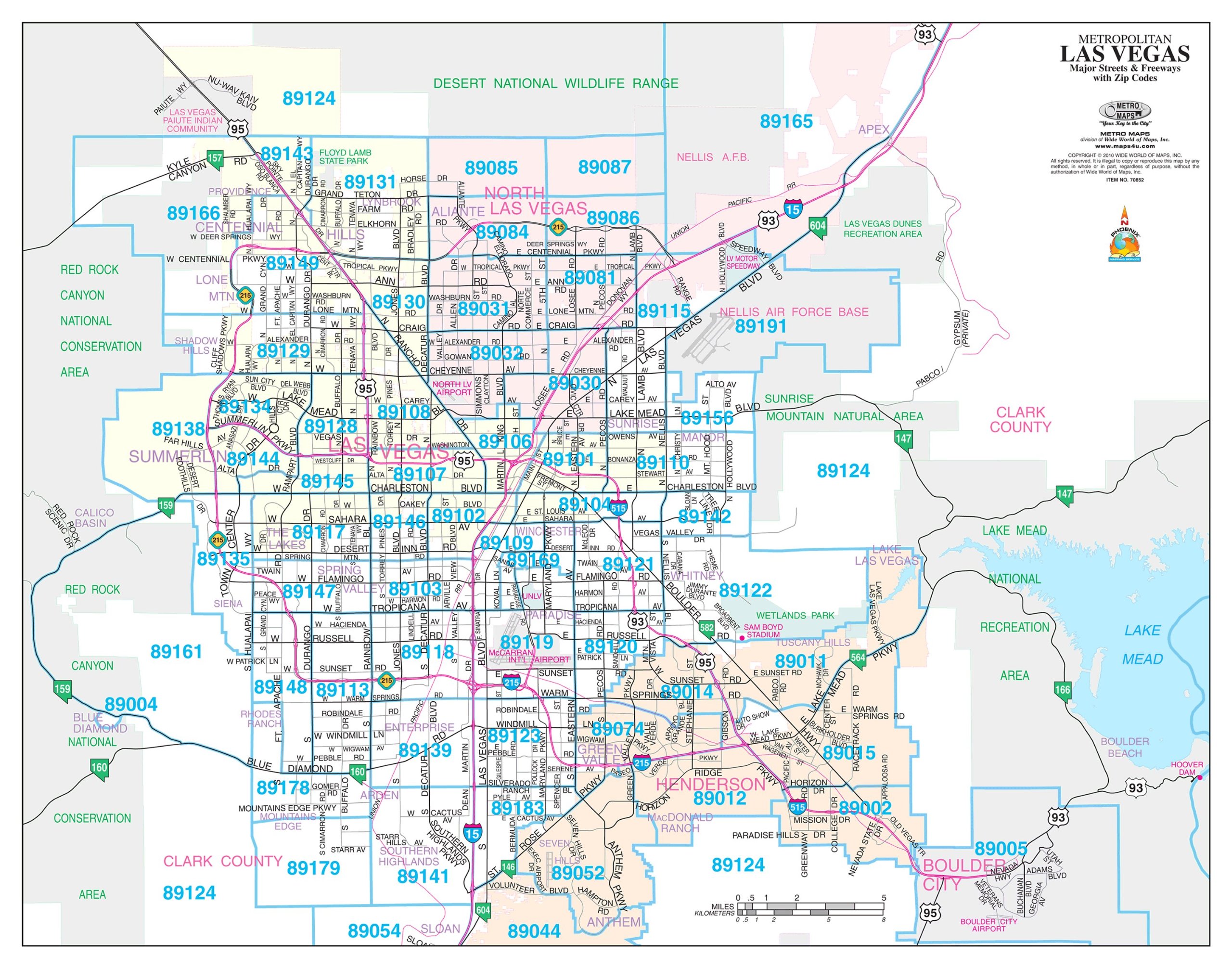 Metropolitan Las Vegas ZIP Codes Desk Map 14"×11" Size