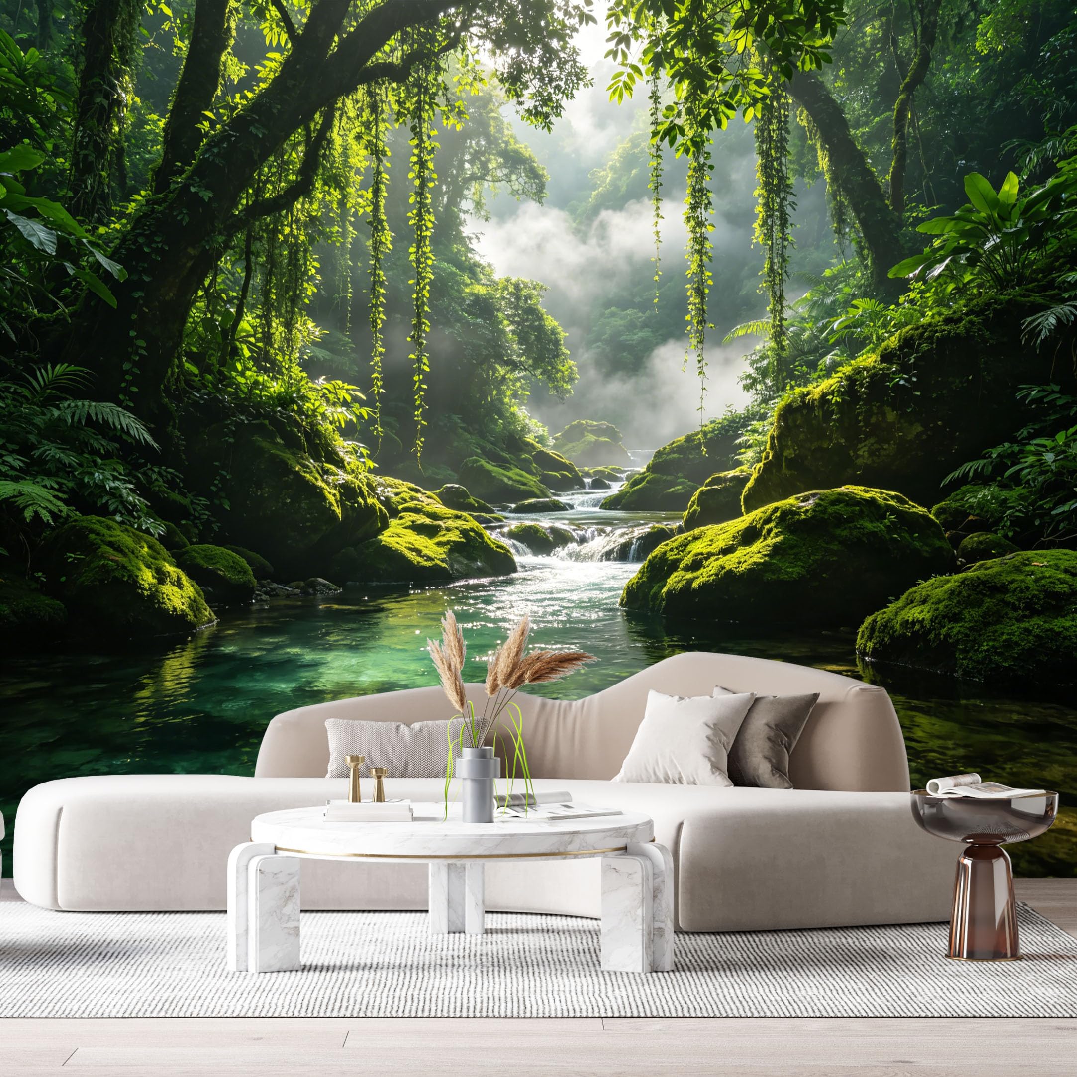Custom Size Wall Murals Tropical Rainforest Landscape Mountain Stream Mossy Rocks SelfAdhesive Wall Fabric Removable Large Wallpaper for Photo Living Room